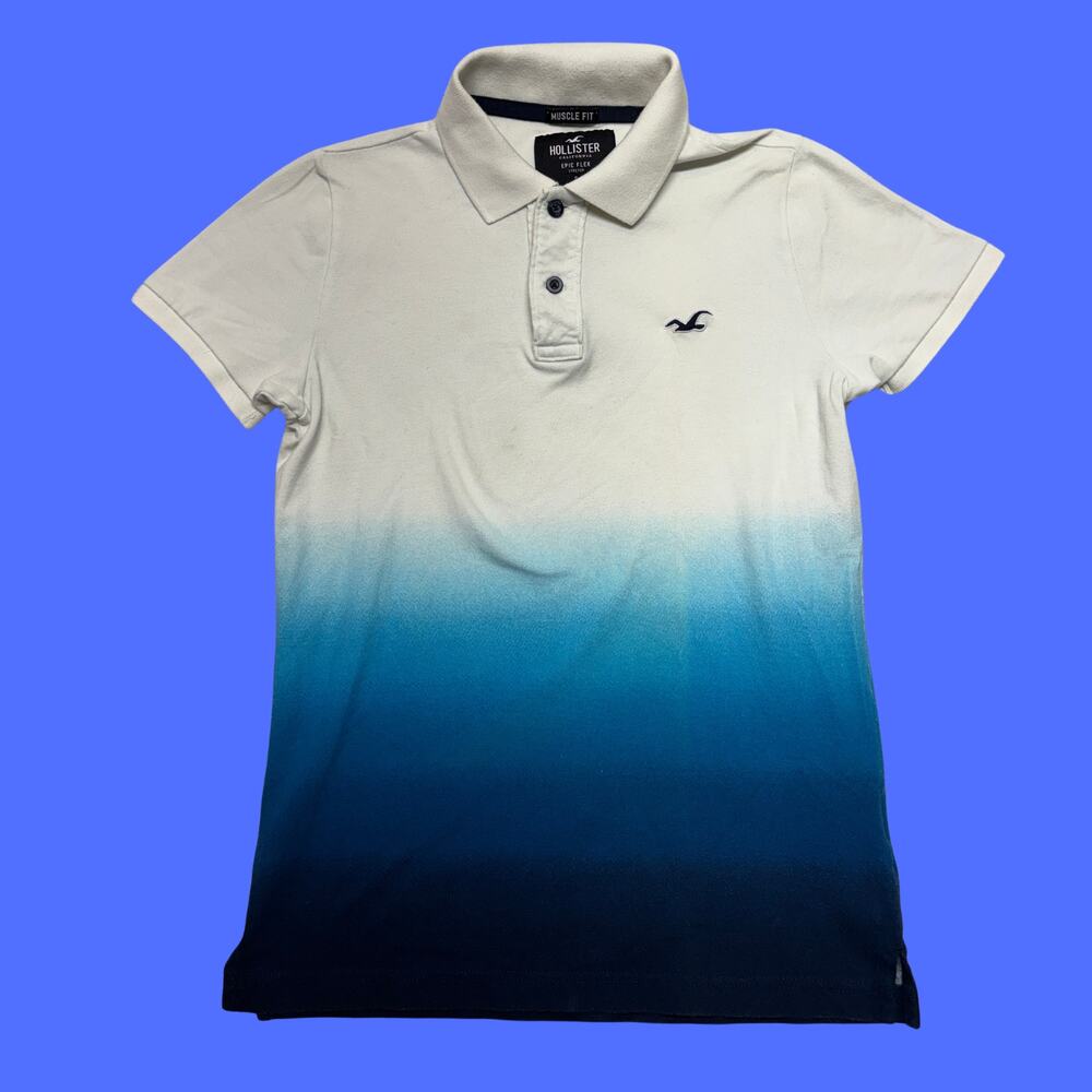 Hollister Polo Shirt Mens Small White/Blue Ombre Muscle Fit Epic Flex Stretch
